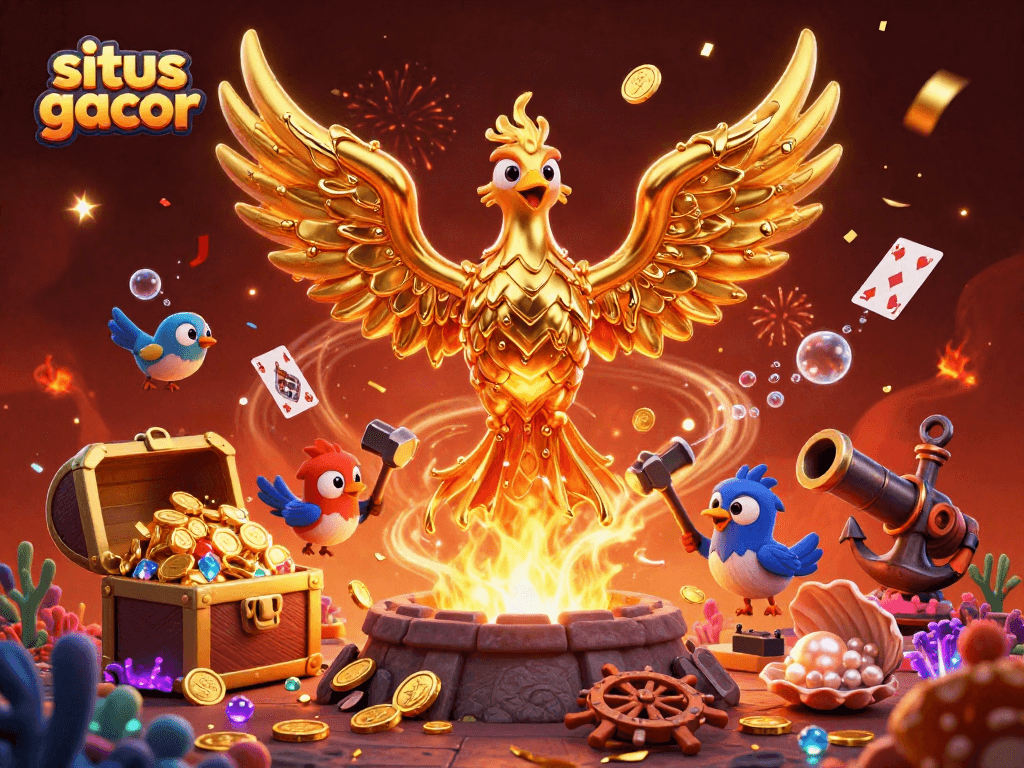 Experience thrilling wins at situs gacor with a golden phoenix, vibrant treasure, and festive gambling elements.