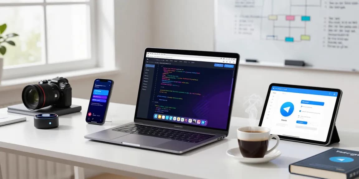 Developer using Telegram Web Version in a modern tech workspace with multiple devices.