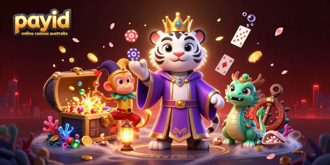 Engage with payid online casinos australia through a lively 3D scene featuring a majestic tiger, juggling monkey, and dragon!