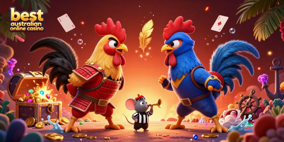 Best Australian online casino features twin roosters in a dramatic standoff, illustrating vibrant casino action.