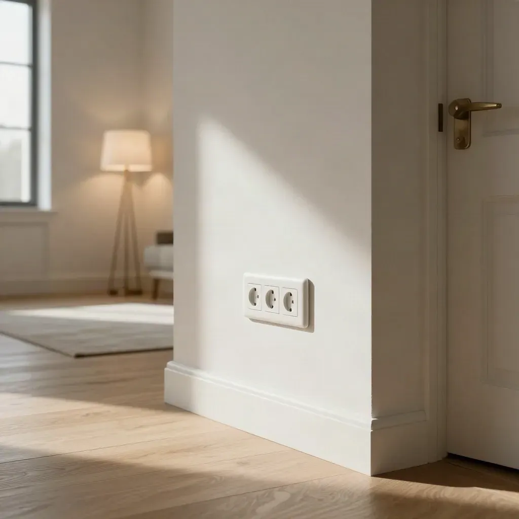Restored hallway outlet with white plate, warm lamp glow, and soft window light in a renovated home.