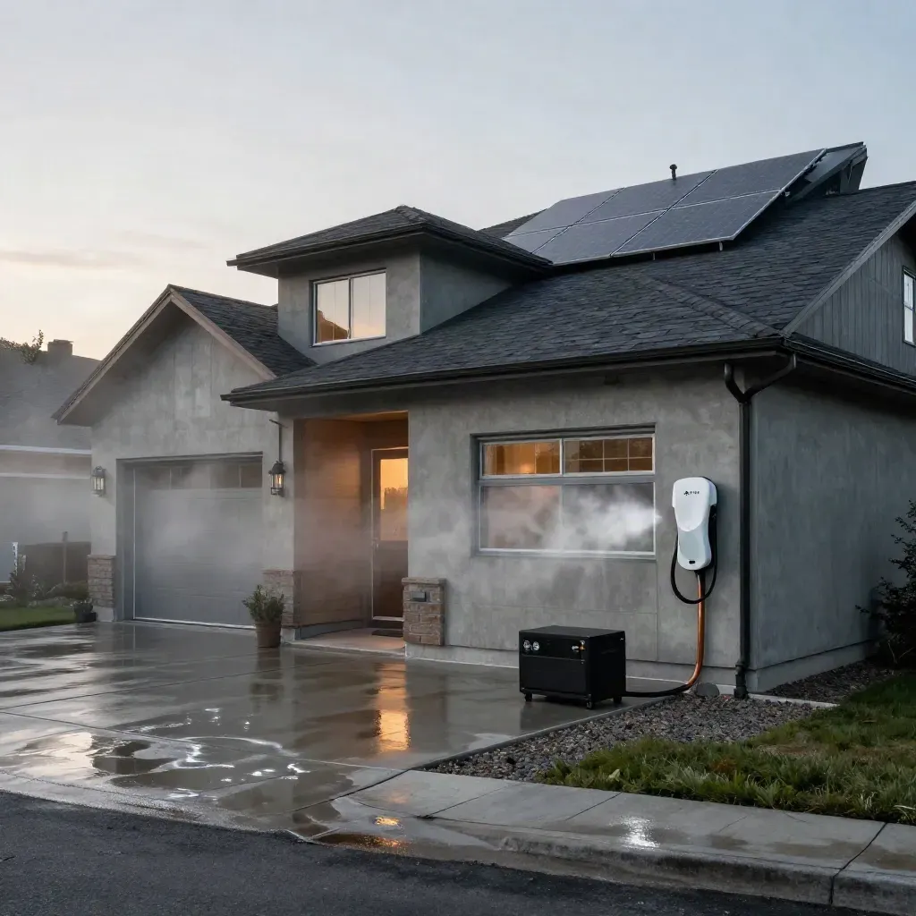 Storm-cleared suburban home with EV charger, generator, solar panels, and steaming wet driveway.