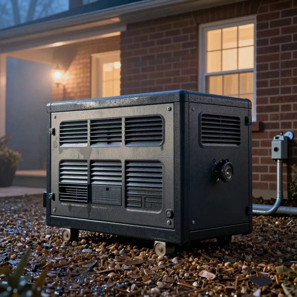 Standby generator beside a brick house at night, with mist, wet gravel, and porch lights glowing.