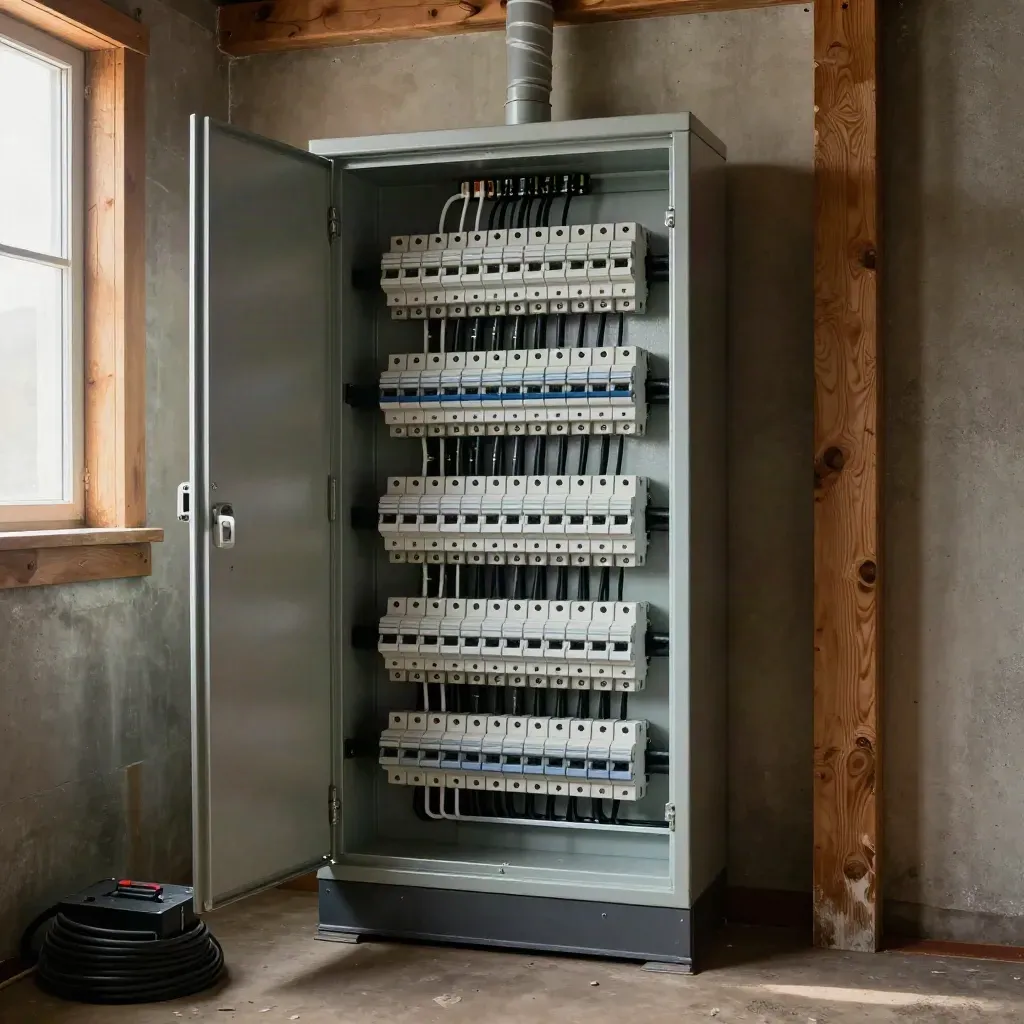 Open commercial electrical panel in a basement utility room with tidy conduit and fresh breakers.