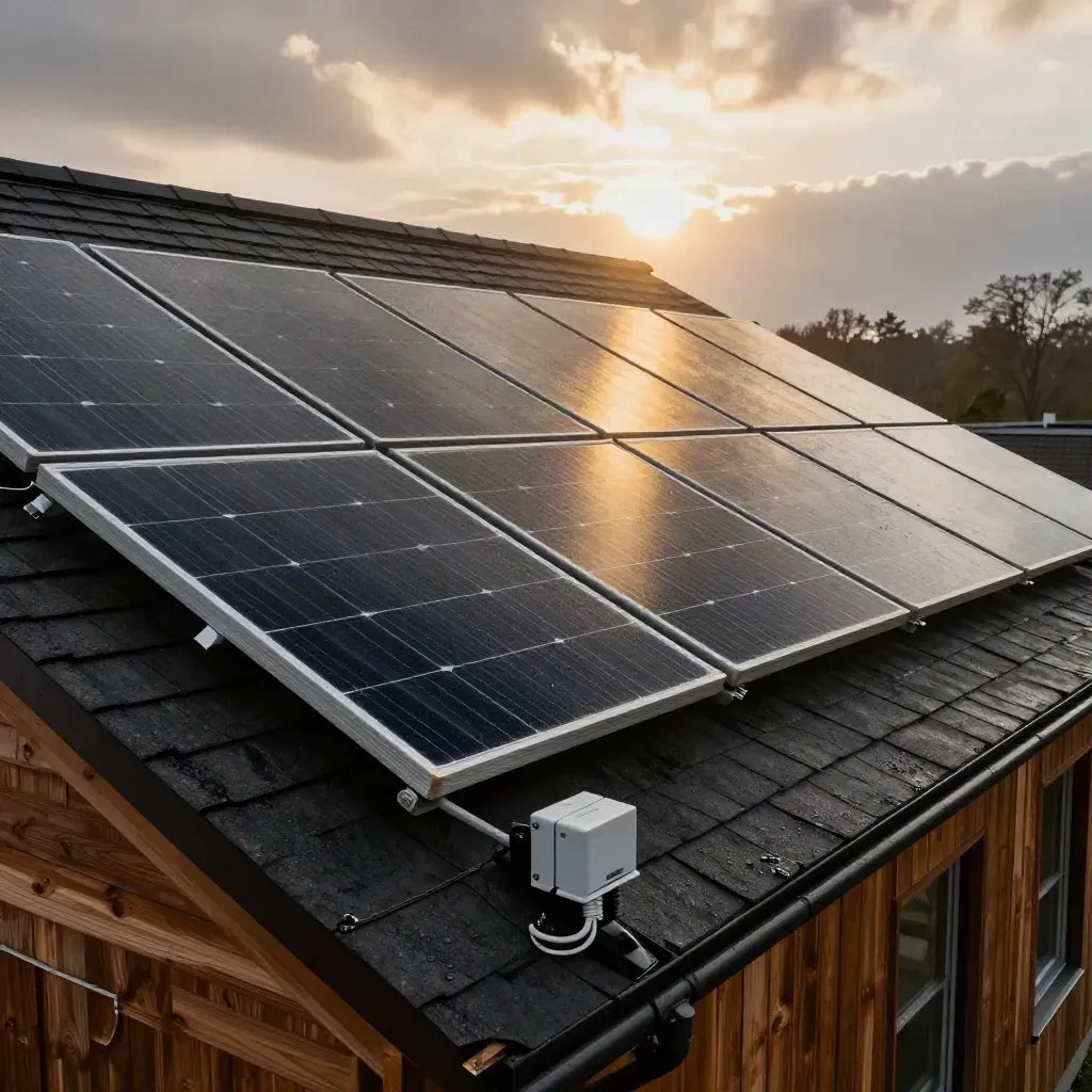 Roof-mounted solar panels gleam on a wet rooftop with inverter and conduit beneath the eaves.