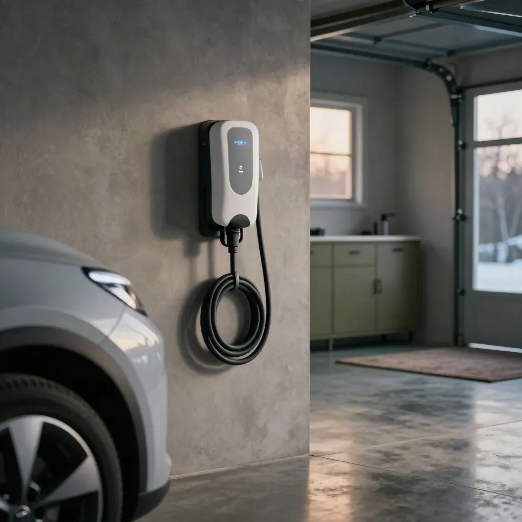 Wall-mounted EV charger beside a parked electric car in a clean garage at dusk.