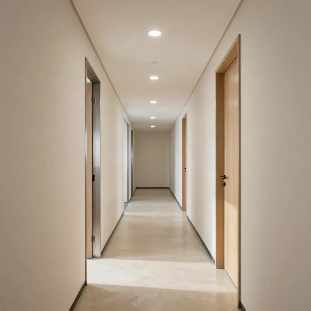 Retrofitted office corridor with slim LED ceiling lights glowing over a clean bright hallway.