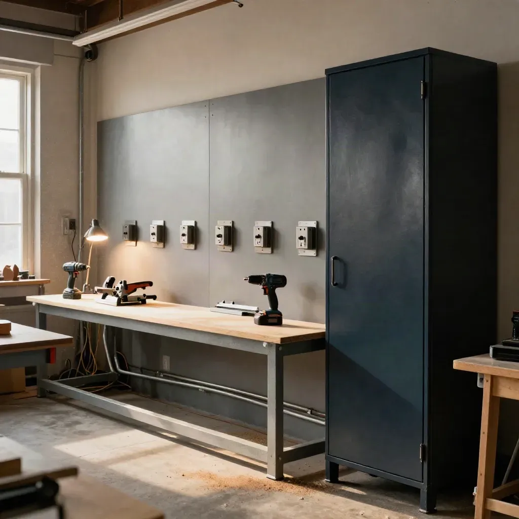 Workshop power wall with upgraded panel, outlets, conduit, and lit tools in a Brampton shop
