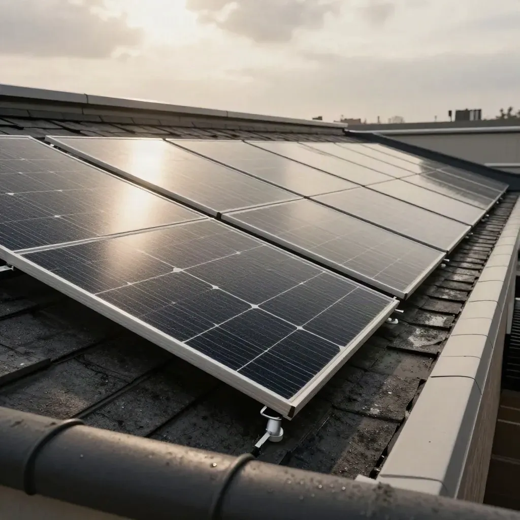 Oakville rooftop solar panels gleam after rain as sunlight breaks through clouds.