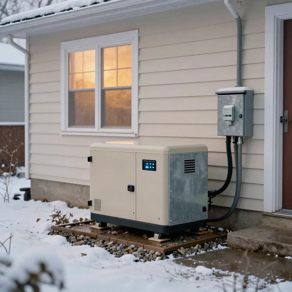 Winter house with a running backup generator, transfer gear, and lit windows during an outage.