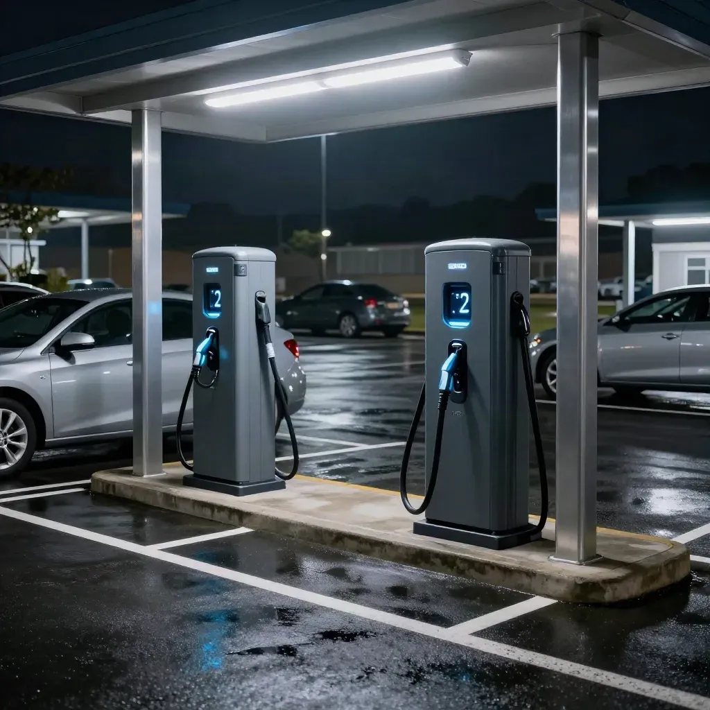 Night parking bay with two glowing EV chargers beside cars on wet asphalt