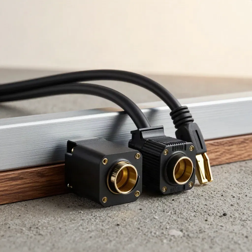 Solar connectors, cable harness, optimizer module and panel frame on concrete in dramatic light