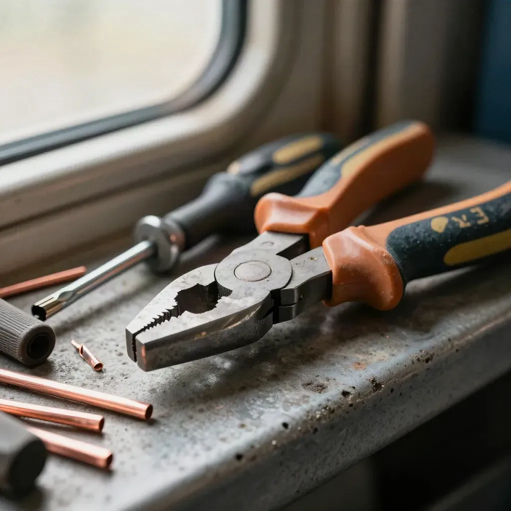 Macro of worn electrician pliers, wire strippers and screwdrivers on a van shelf with copper offcuts.