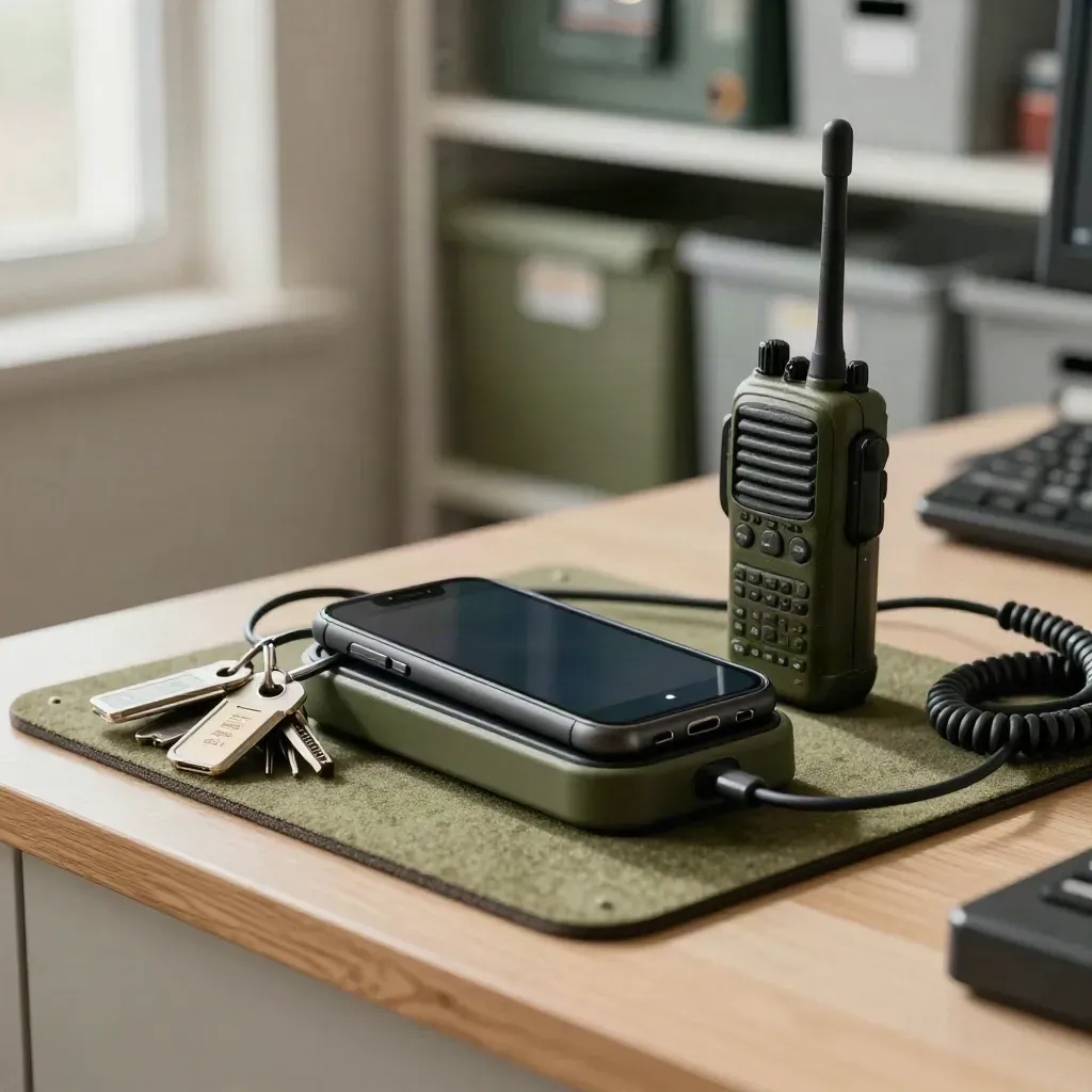 Dispatch phone, access tags and radio on a service console with blurred shelves behind.