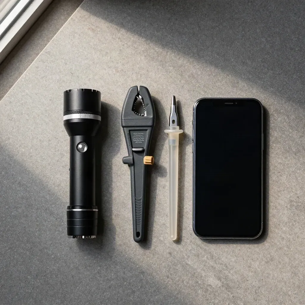 Overhead electrical service kit with flashlight, clamp meter, tester and phone on stone.