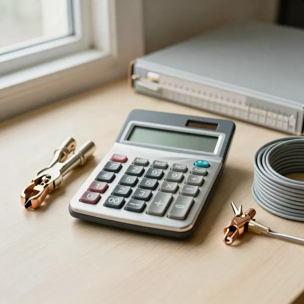 Calculator, breaker sample, cable lug, wire coil and binder on pale wood in soft side light.