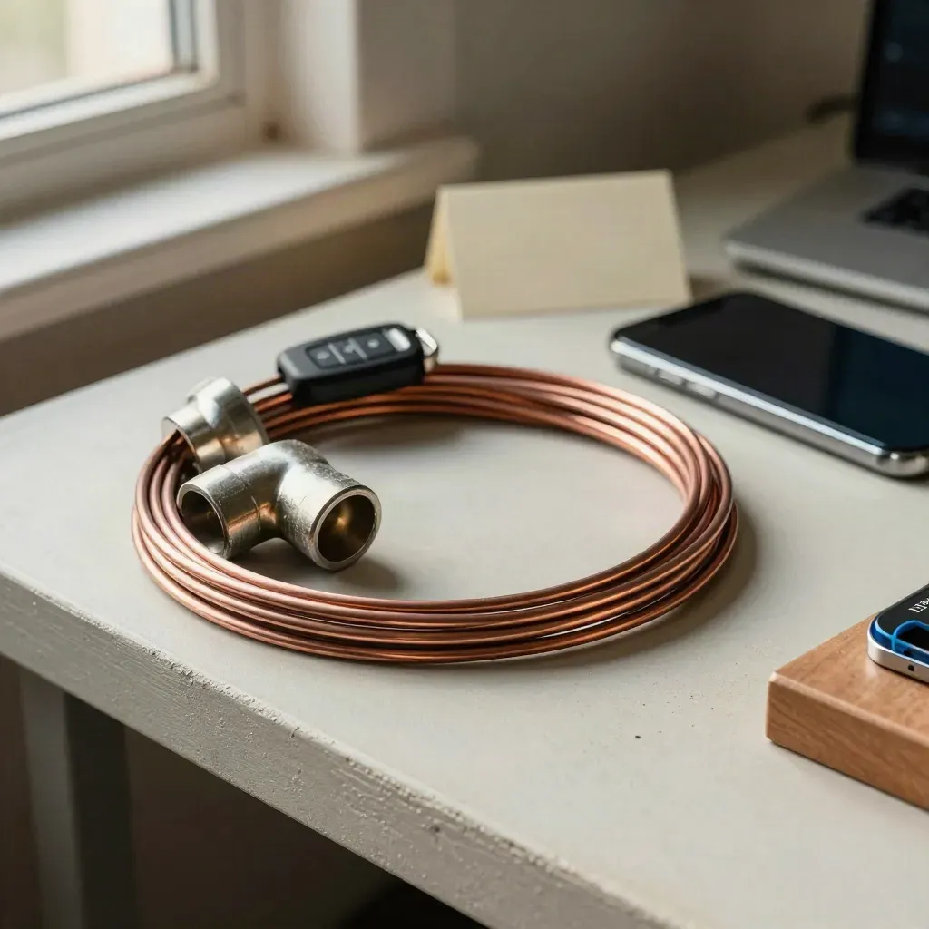 Wire coil, conduit elbows, key fob and phone on a clean utility bench in soft side light.