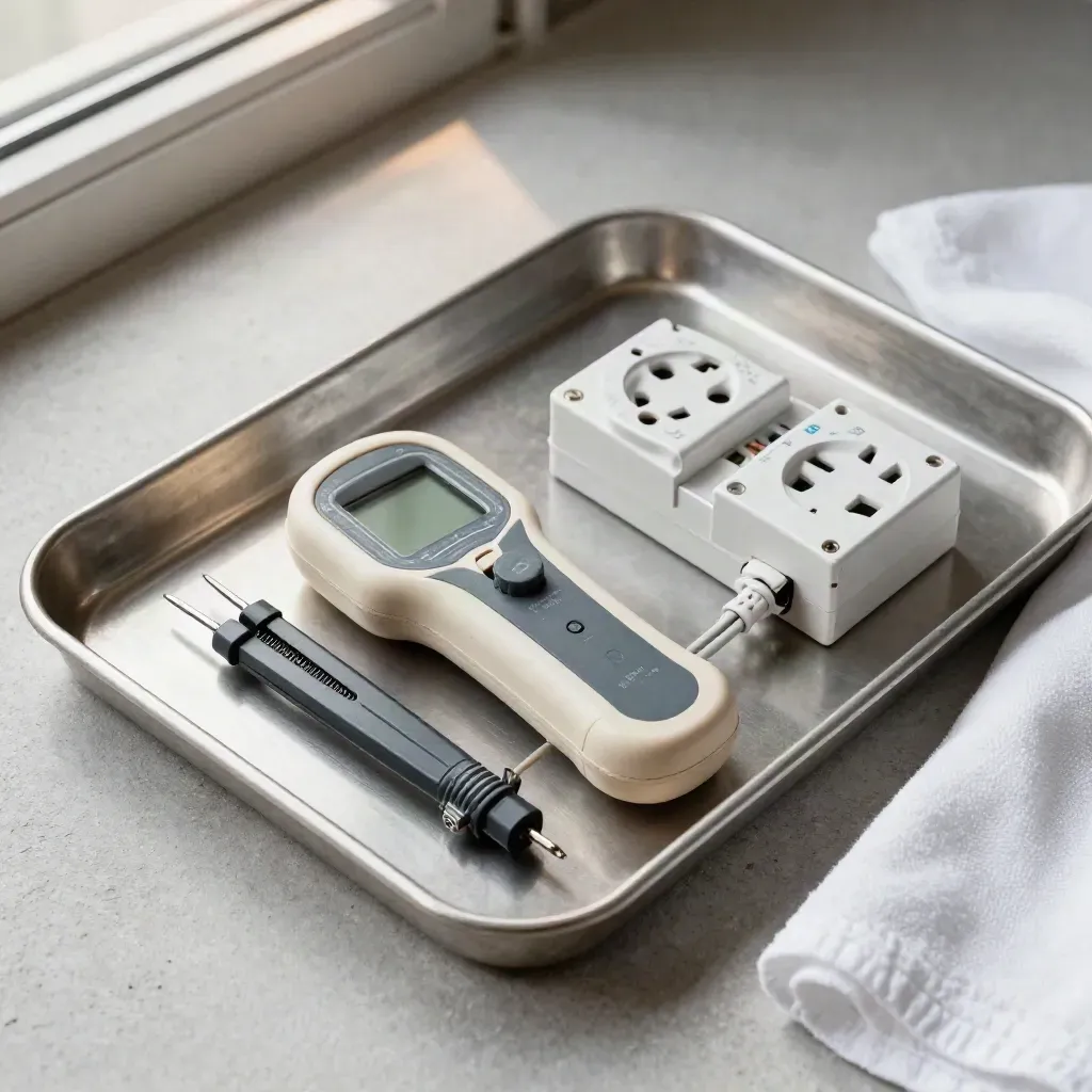 Receptacle tester, probes, GFCI and battery pack on a brushed metal tray with a white cloth.