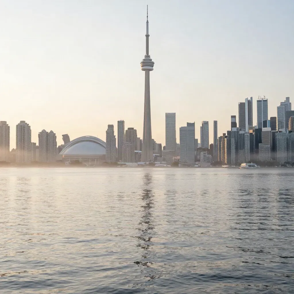 Toronto skyline at sunrise with CN Tower above calm waterfront and haze
