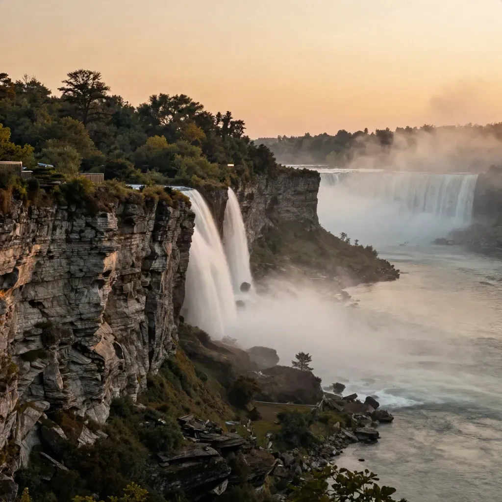 Misted Niagara escarpment overlooking a quiet gorge and calm waterline at sunset.