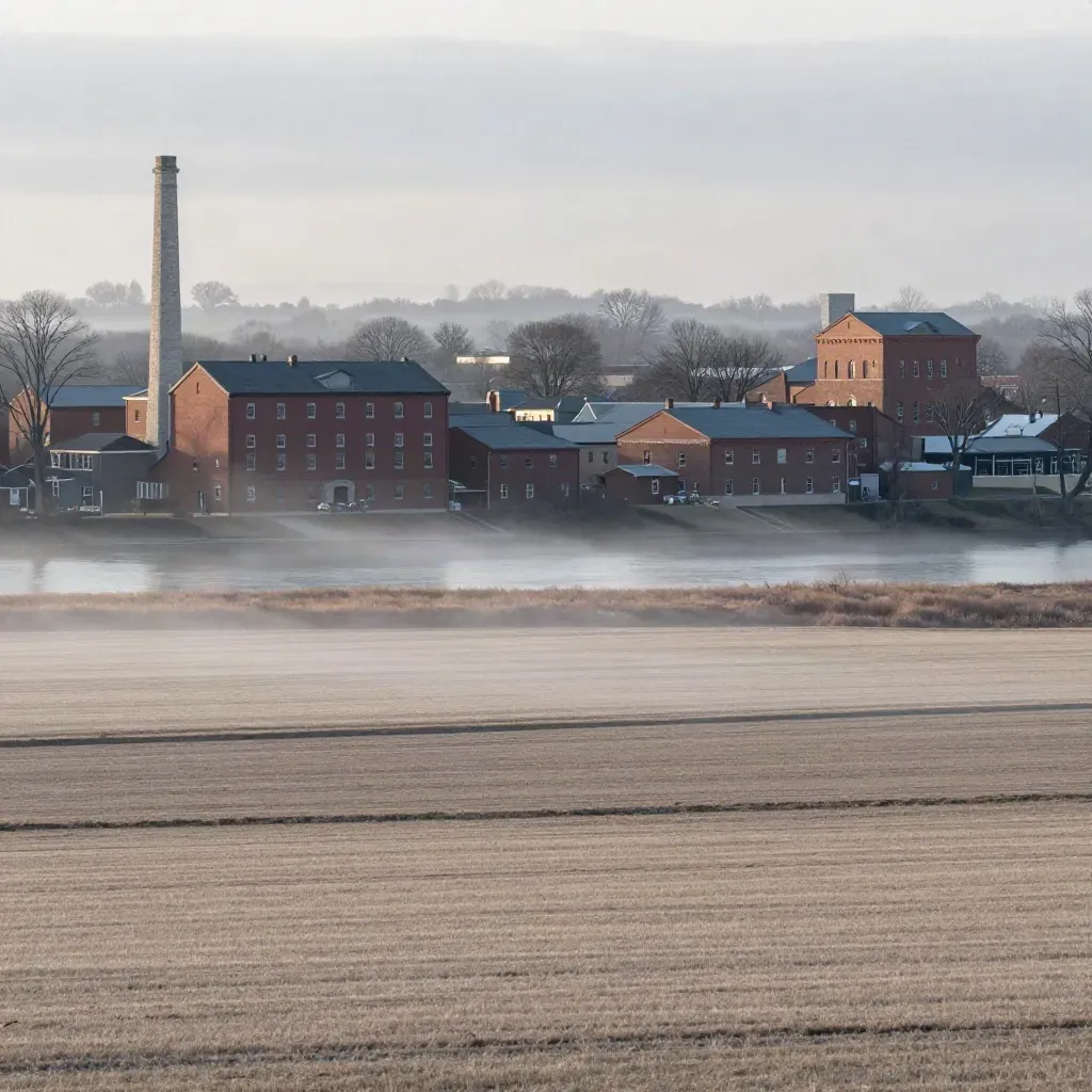 Foggy Grand River valley with Kitchener-Waterloo mill buildings above calm farmland