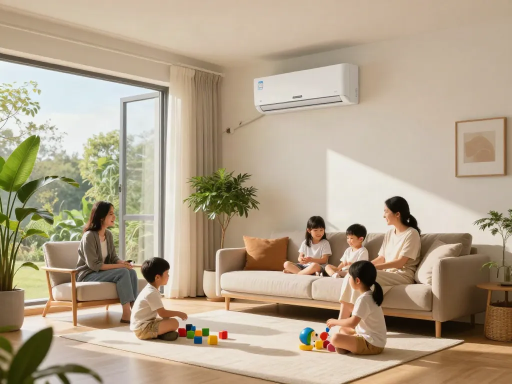 Family enjoying comfort from a split ac unit in a bright living room