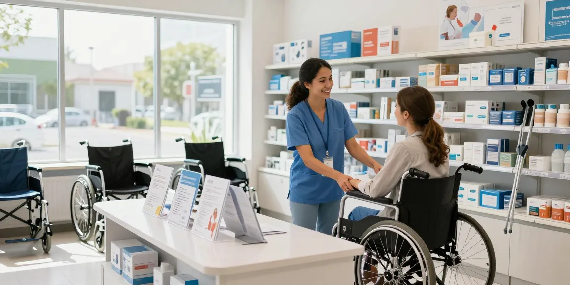 Customer browsing at a modern medical supply store, showcasing mobility aids and healthcare products.