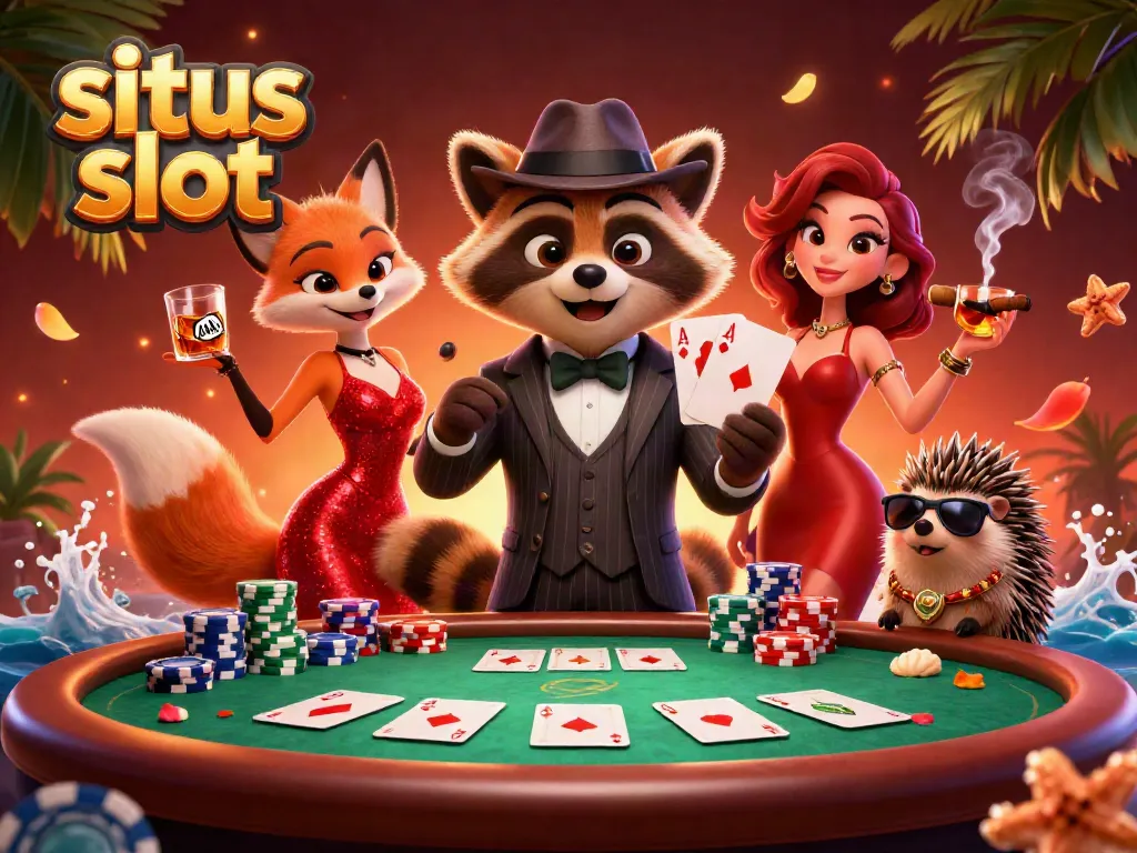 Engage with situs slot in an exciting 3D casino scene featuring vibrant characters and dynamic game elements.