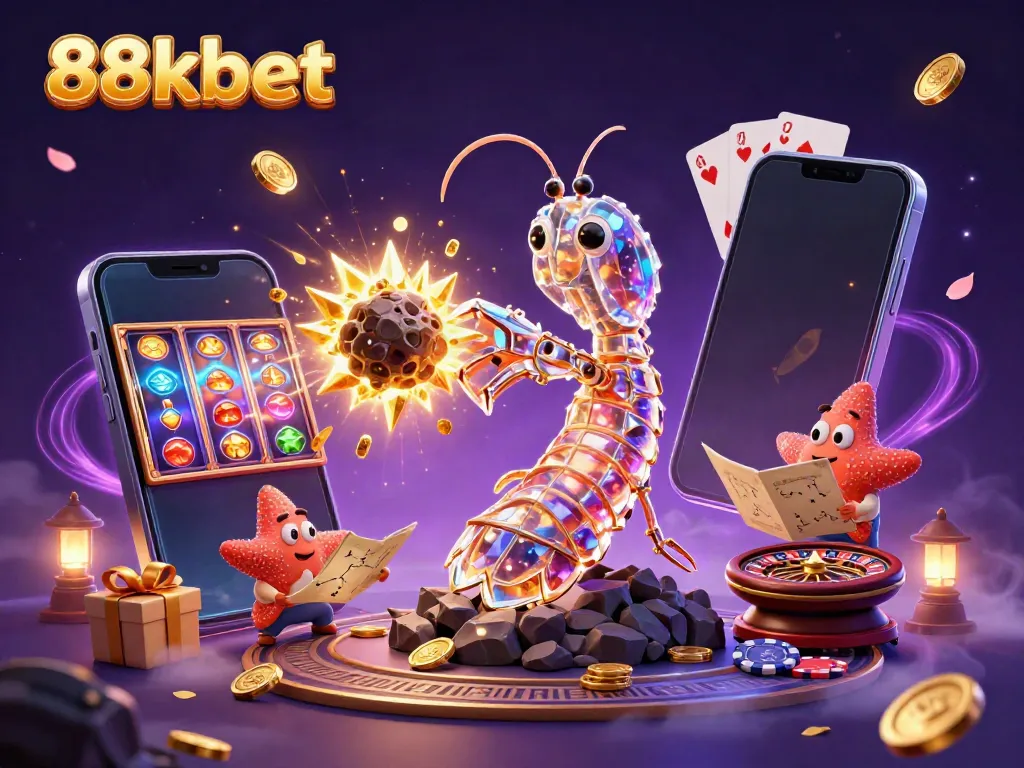 Experience the excitement of 88kbet with an action-packed scene featuring a cosmic mantis shrimp and a starfish amidst golden treasures and casino elements.