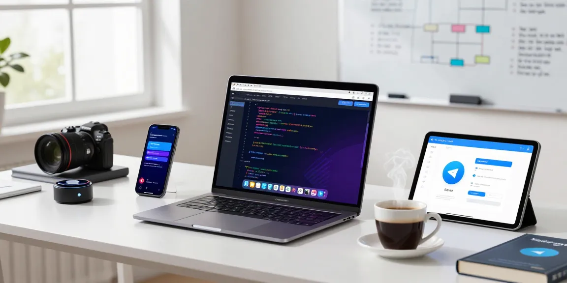 Developer using Telegram Web Version in a modern tech workspace with multiple devices.
