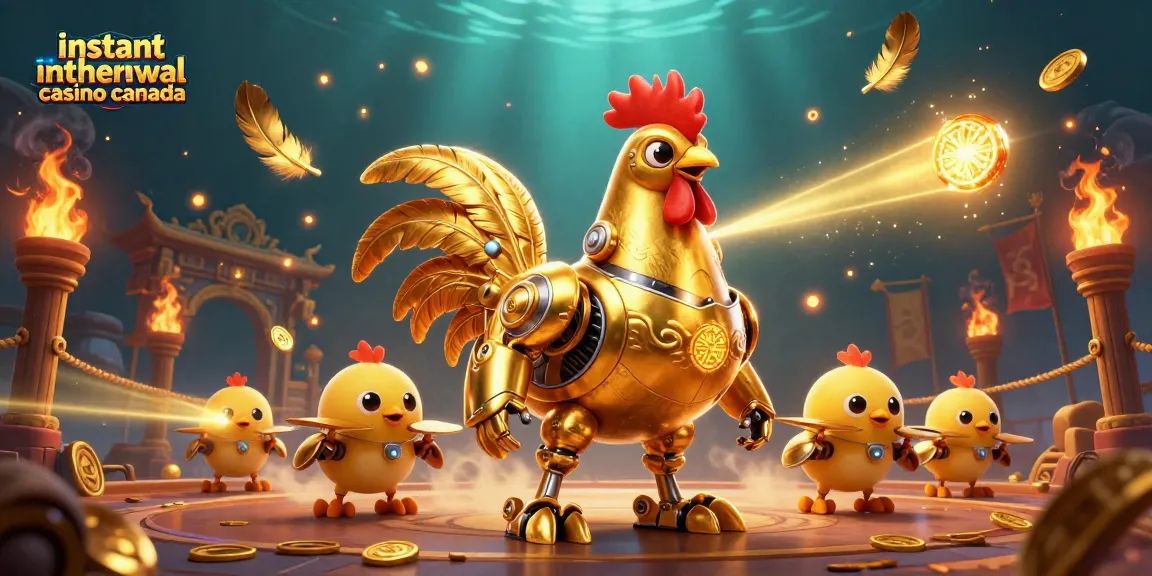 Engage with the instant withdrawal casino Canada experience, illustrated with vibrant golden robot and chick drones.