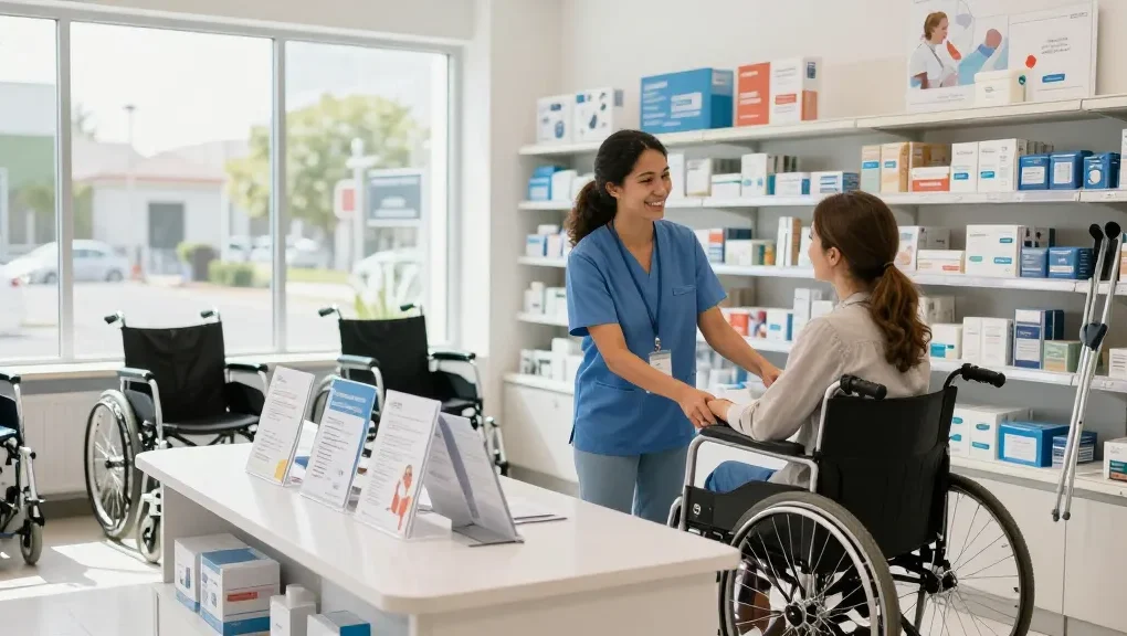 Customer browsing at a modern medical supply store, showcasing mobility aids and healthcare products.