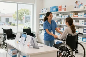 Customer browsing at a modern medical supply store, showcasing mobility aids and healthcare products.