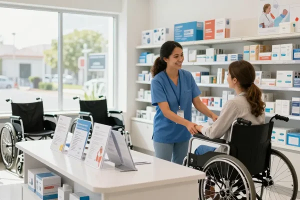 Customer browsing at a modern medical supply store, showcasing mobility aids and healthcare products.